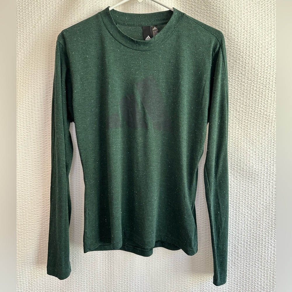 Adidas Boys Green Long Sleeve Athletic Shirt Heathered Performance Tee 12 14